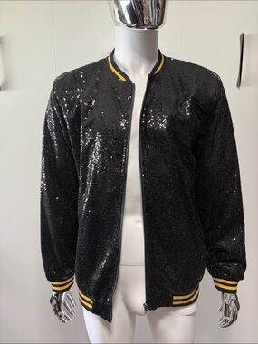 Black Sequin Bomber Jacket with Yellow Trim